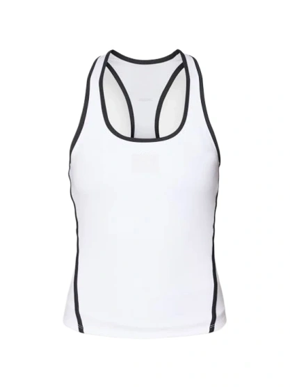 White Racerback Athletic Tank Top with Black Flatlock Stitching