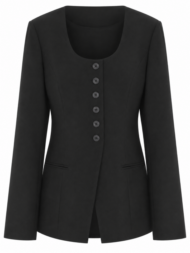 Black Scoop Neck Five-Button Blazer