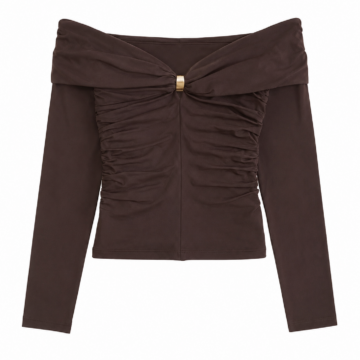 Dark Brown Off-Shoulder Ruched Long Sleeve Cropped Top