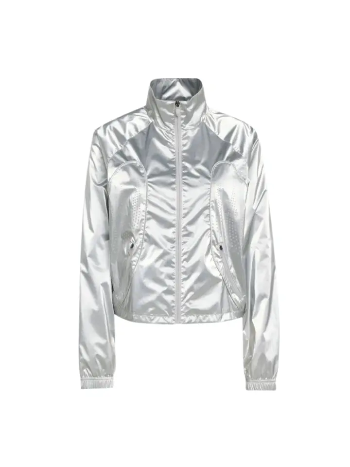 Metallic Silver Cropped Track Jacket with Perforated Side Panels