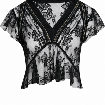 Black Sheer Floral Lace Deep V-Neck Flutter Sleeve Top