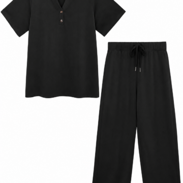 Black Short-Sleeve V-Neck Top and Wide-Leg Drawstring Pants Set