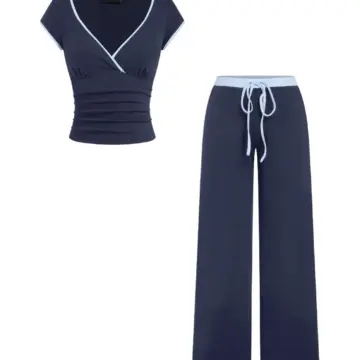 Dark Navy Two-Piece Set with Ruched V-Neck Top and Wide-Leg Pants