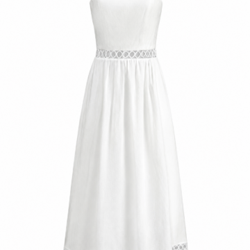 White Sleeveless Midi Dress with Lace Trim and A-Line Skirt