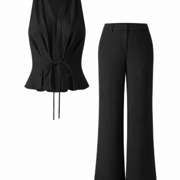 Black Sleeveless Drawstring Top and Wide-Leg Pants Set