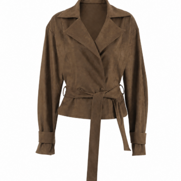 Dark Brown Faux Suede Wrap Front Tie Belt Jacket