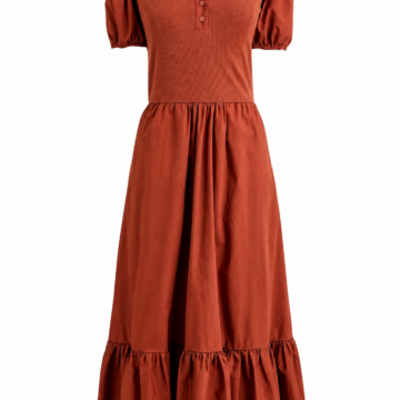 Rust Ribbed Knit Fit and Flare Midi Dress