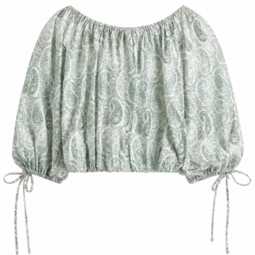 Light Green Paisley Off-Shoulder Cropped Blouse
