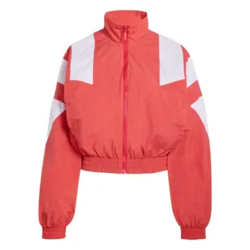 Coral and White Color Block Cropped Track Jacket with Oversized Fit
