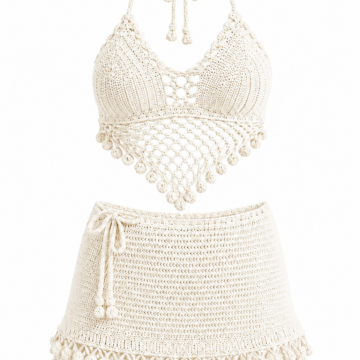 Off-White Crochet Two-Piece Set with Halter Bralette and Mini Skirt