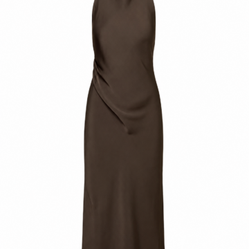 Dark Brown Halter Neck Sleeveless Maxi Dress with Draped Waist
