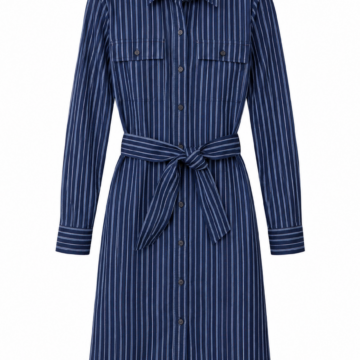 Navy Pinstripe Midi Shirt Dress with Tie Belt
