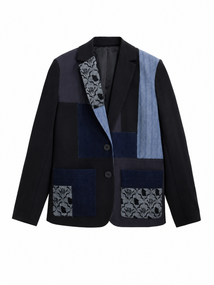 Patchwork Relaxed-Fit Blazer with Floral Accents