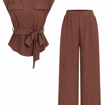 Brown Ribbed Two-Piece Lounge Set with Cap Sleeve Top and Wide-Leg Trousers