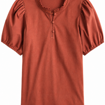 Rust Short Puff Sleeve Button Front Top