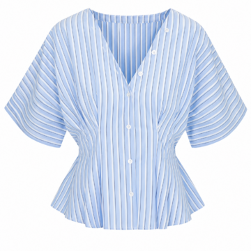 Light Blue Striped V-Neck Peplum Button-Up Top